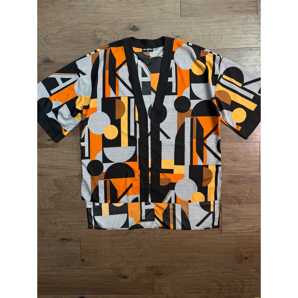 Karl Lagerfeld Paris Women XL Geometric Abstract Kimono Open Front Topper Orange